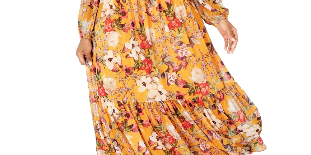 INC International Concepts Women's Printed Ruffled Peasant Dress Yellow Size 1X