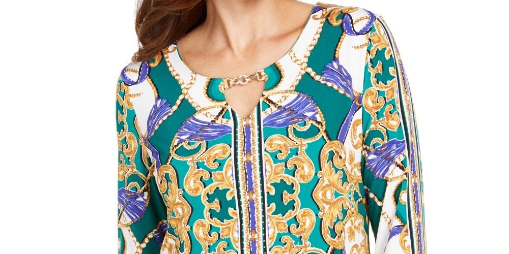 JM Collection Women's Hardware Trim Keyhole Neck Tunic Green Size Medium