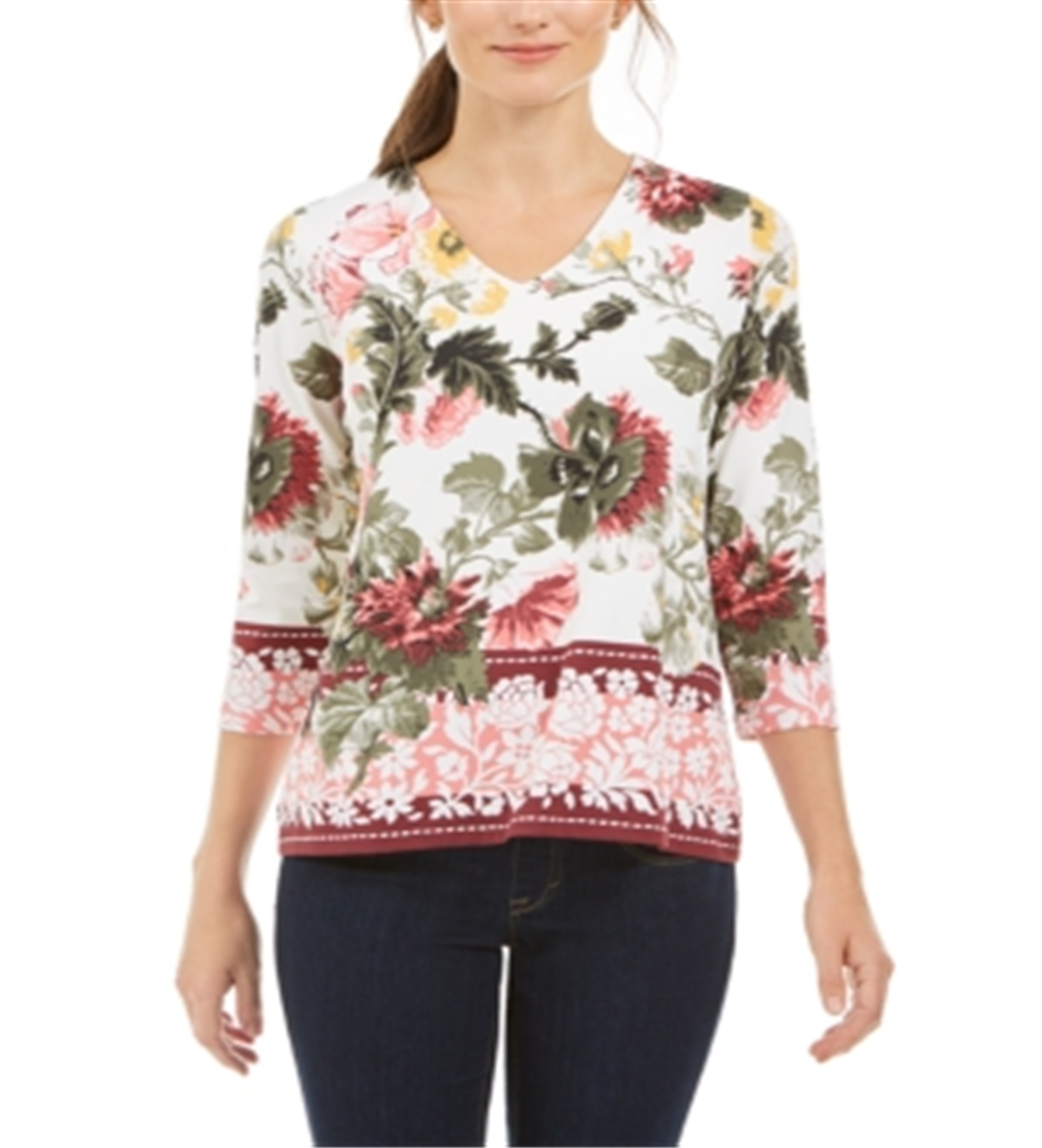 Charter Club Women's Floral-Print Top White Size Petite Small
