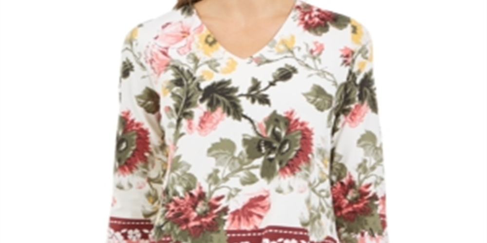 Charter Club Women's Floral-Print Top White Size Petite Small