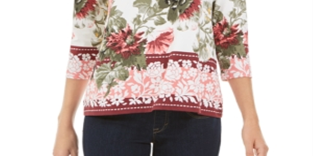 Charter Club Women's Floral-Print Top White Size Petite Small