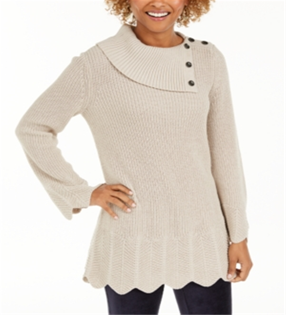 Style & Co Women's Envelope Neck Scalloped Edge Sweater Beige Size Petite S