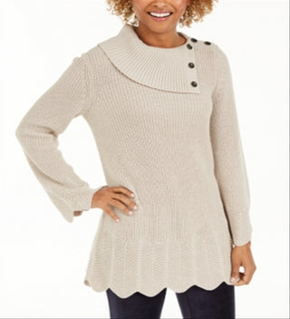 Style & Co Women's Envelope Neck Scalloped Edge Sweater Beige Size Petite S