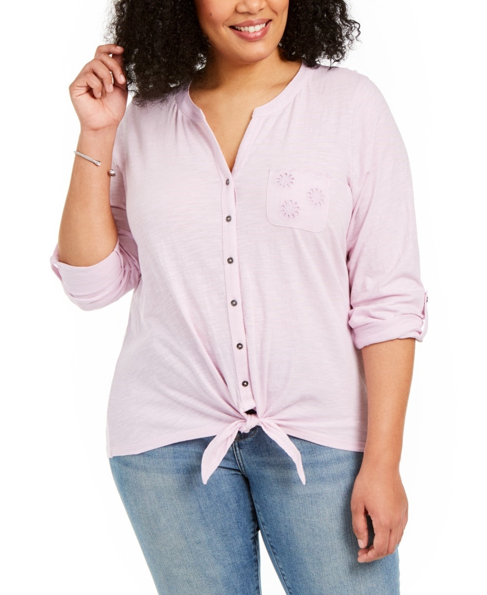 Style & Co Women's Plus Eyelet Pocket Tie Front Top Pink Size 0X