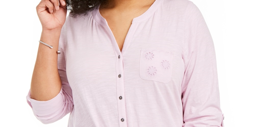 Style & Co Women's Plus Eyelet Pocket Tie Front Top Pink Size 0X