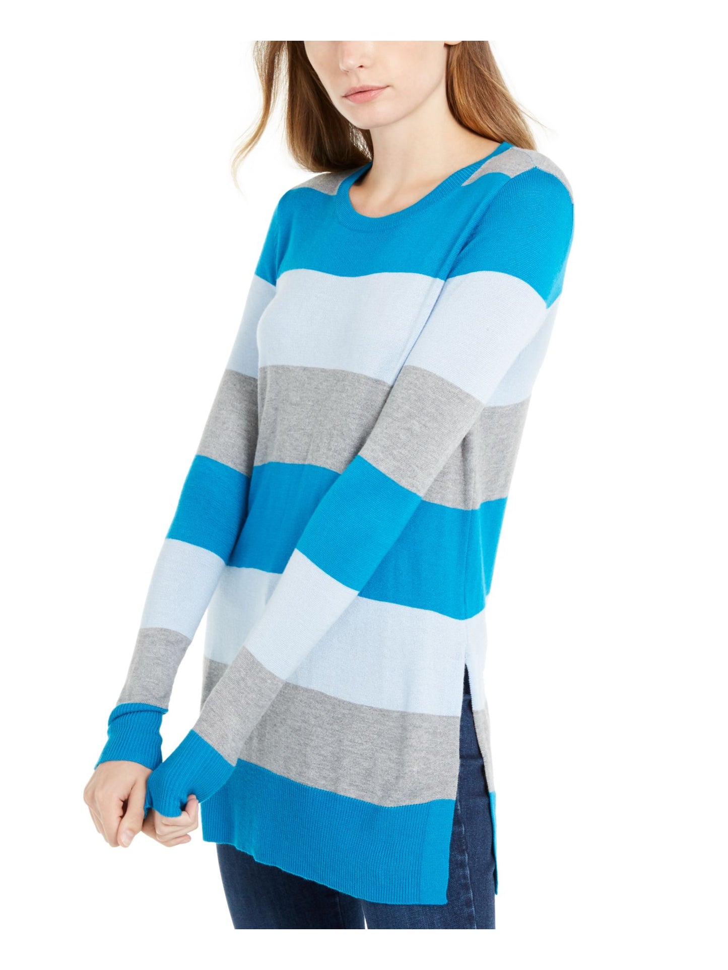 Maison Jules Women's Color Block Long Sleeve Jewel Neck T-Shirt Sweater -Blue Size Medium