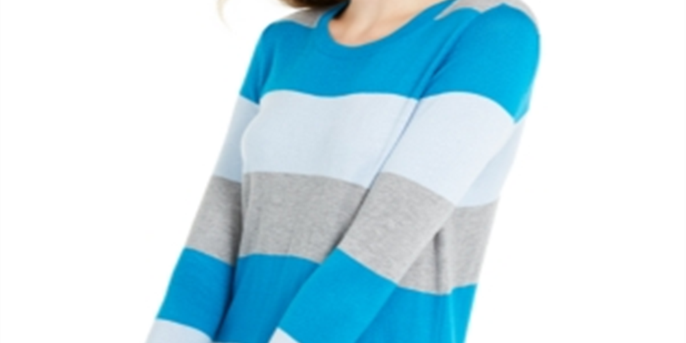 Maison Jules Women's Color Block Long Sleeve Jewel Neck T-Shirt Sweater -Blue Size Medium
