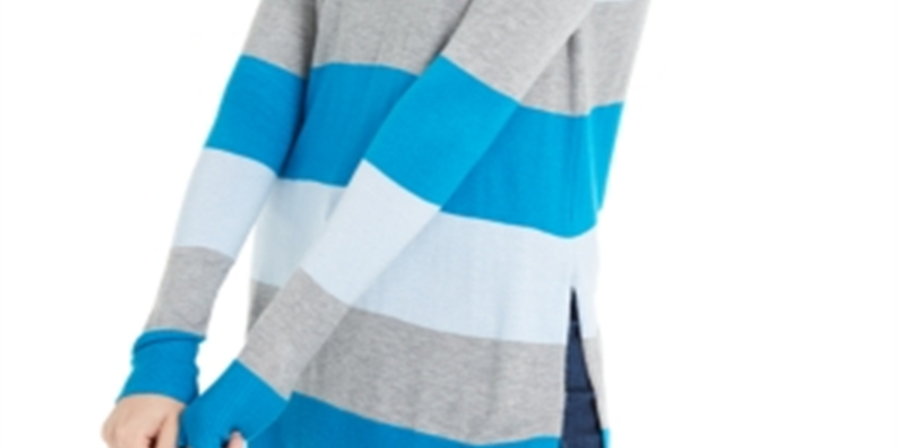 Maison Jules Women's Color Block Long Sleeve Jewel Neck T-Shirt Sweater -Blue Size Medium
