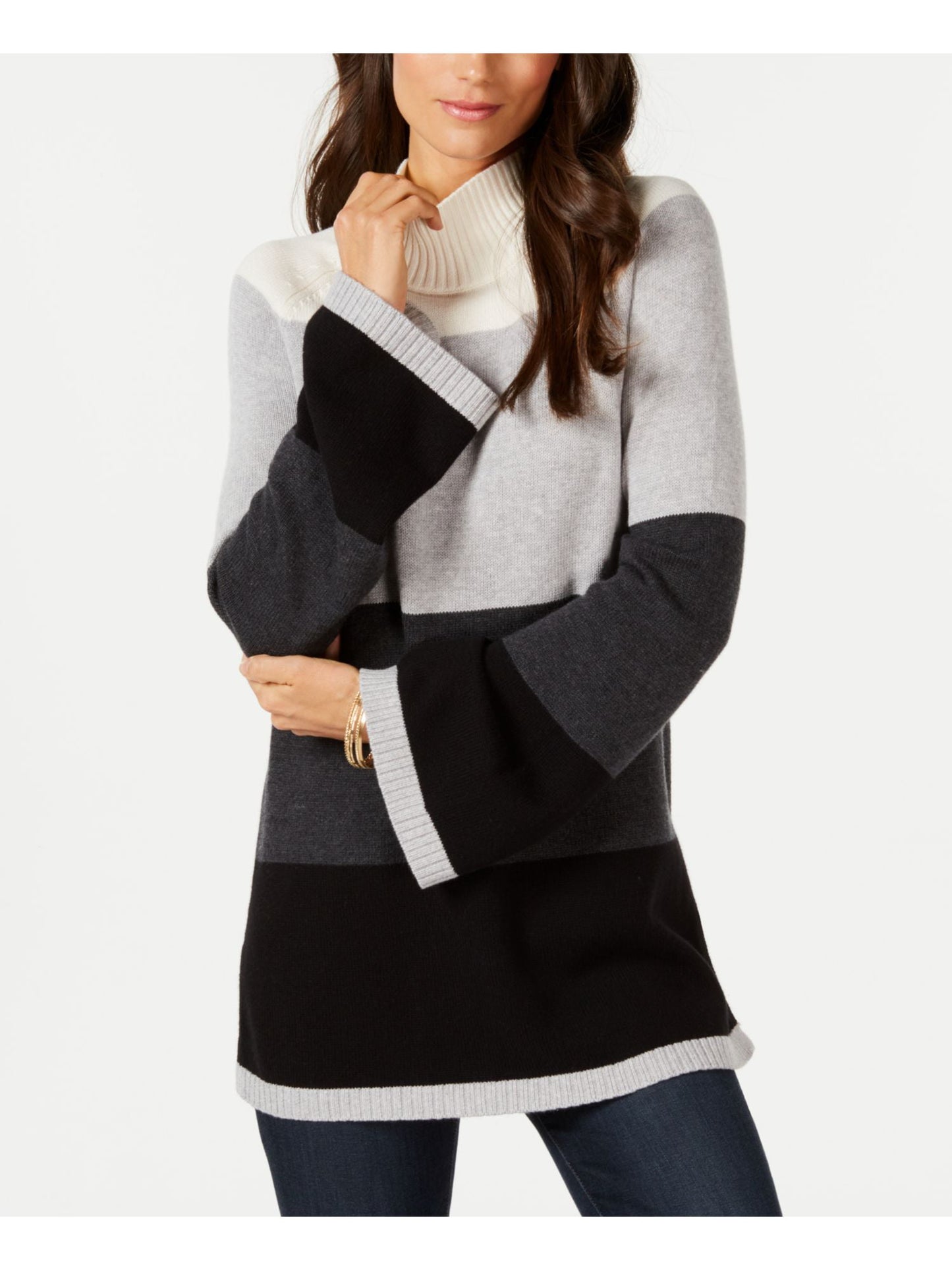 Charter Club Women's Color Block Long Sleeve Turtle Neck Blouse Sweater Black Size Petite Small
