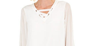JM Collection Women's Lace Up Grommet Trim Top  White Size Small