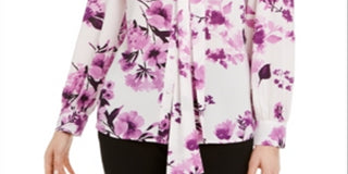 Calvin Klein Women's Floral Tie Neck Button up Blouse Black Size Small
