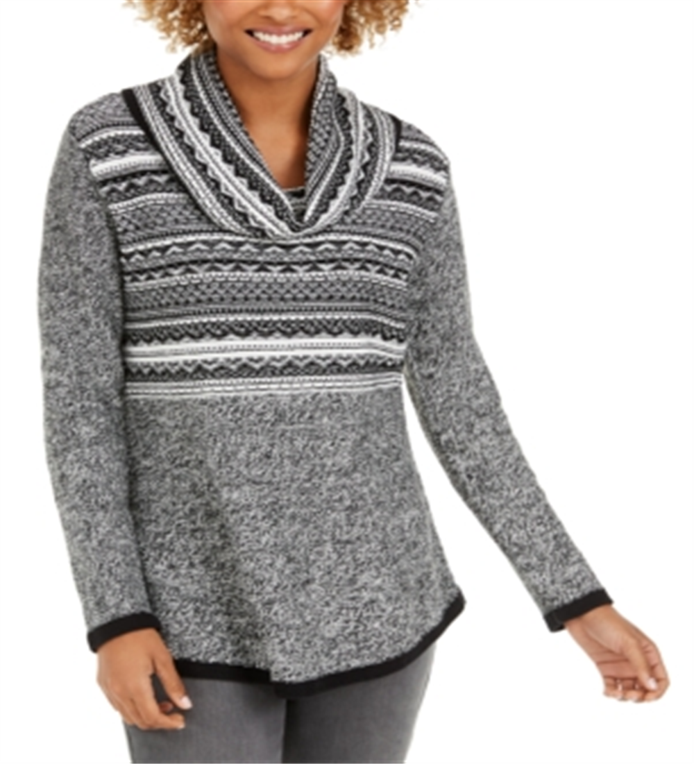 Style & Co Women's Cowl Neck Printed Sweater Black Size Petite M