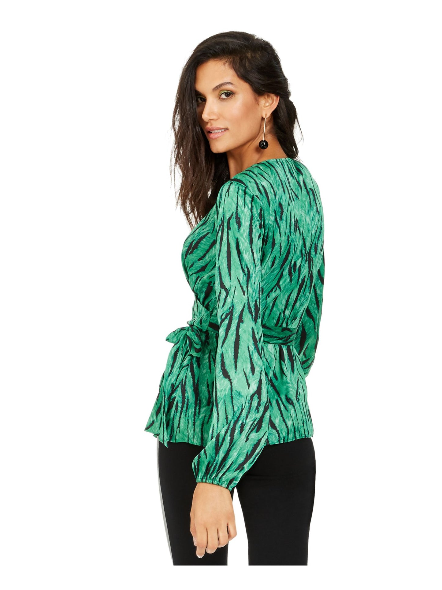 INC International Concepts Women's Animal Print Long Sleeve Wrap Formal Top Green Size Petite Large