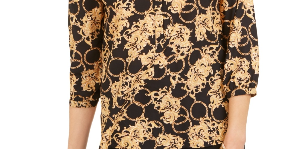 JM Collection Women's Foil Printed Pleat Back Top Black Size Medium