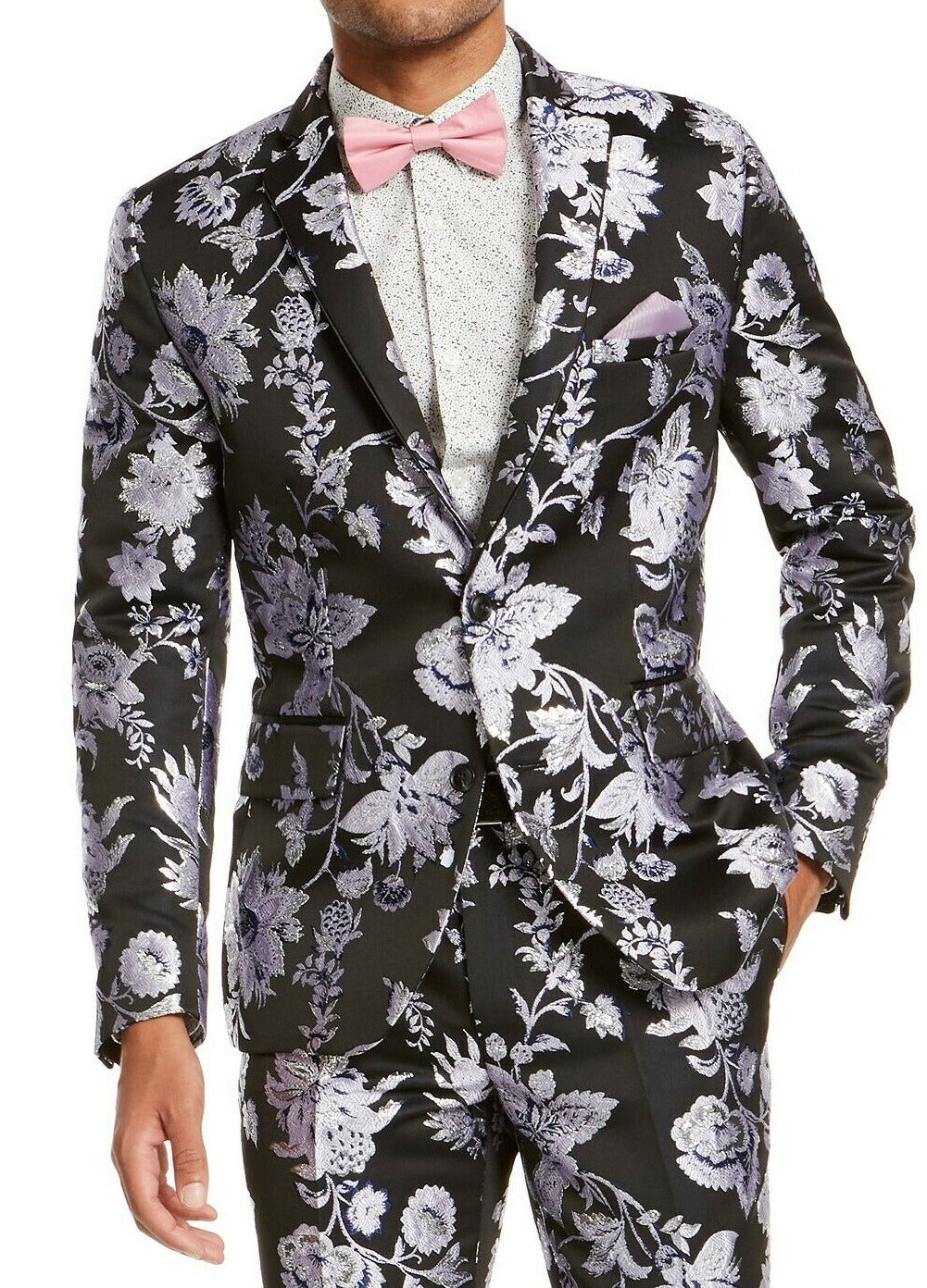 INC International Concepts Men's Metallic Floral Jacquard Slim Fit Blazer Black Size 2XLT