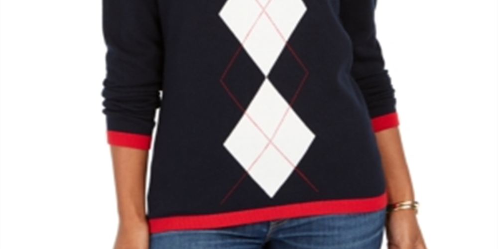 Tommy Hilfiger Women's Sport Long Sleeve Argyle Sweater Blue Size Large