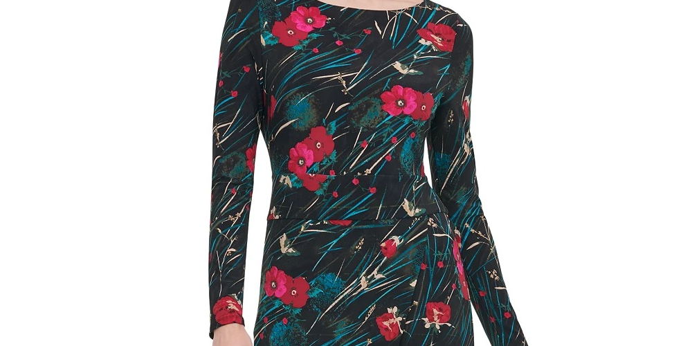 Tommy Hilfiger Women's Floral Long Sleeve Boat Neck Midi Sheath Dress Black Size 4