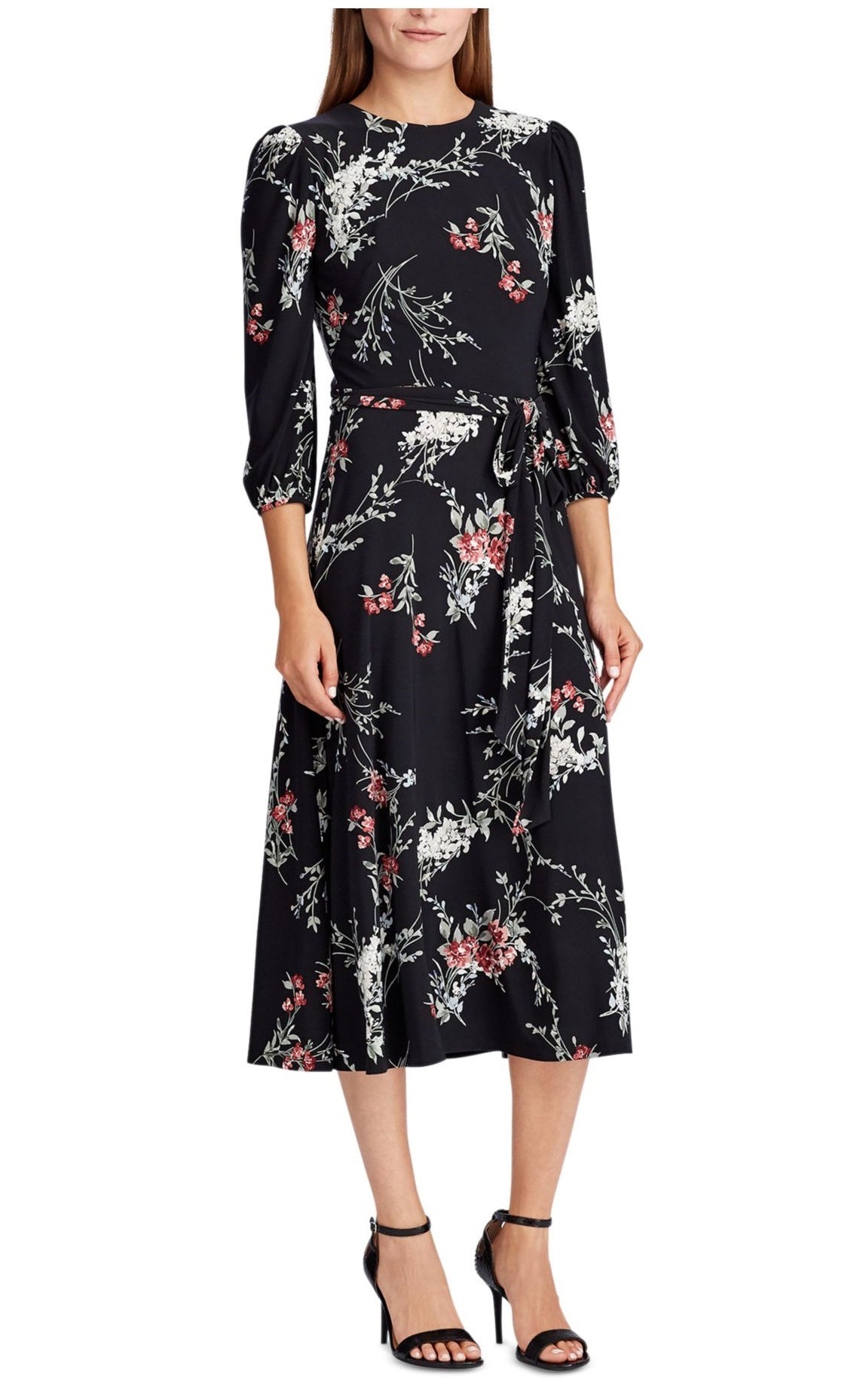 Ralph Lauren Women's Belted Floral Long Sleeve Jewel Neck Maxi Sheath Dress Black Size 4