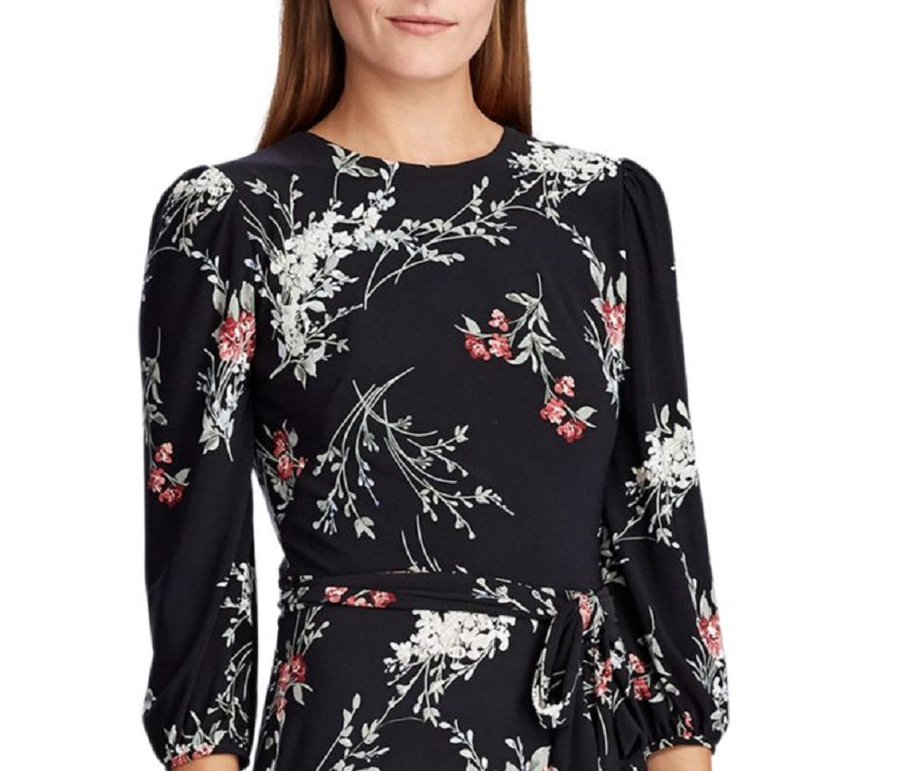 Ralph Lauren Women's Belted Floral Long Sleeve Jewel Neck Maxi Sheath Dress Black Size 4