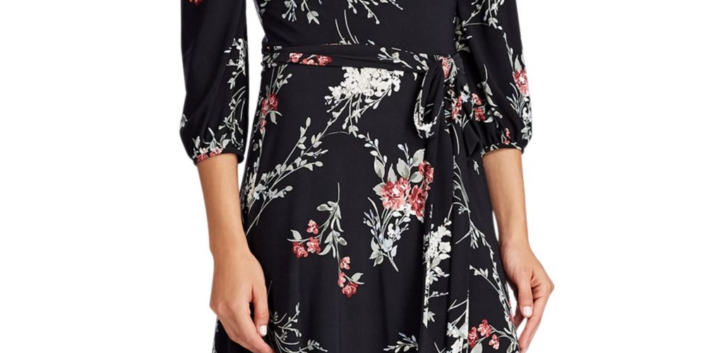 Ralph Lauren Women's Belted Floral Long Sleeve Jewel Neck Maxi Sheath Dress Black Size 4