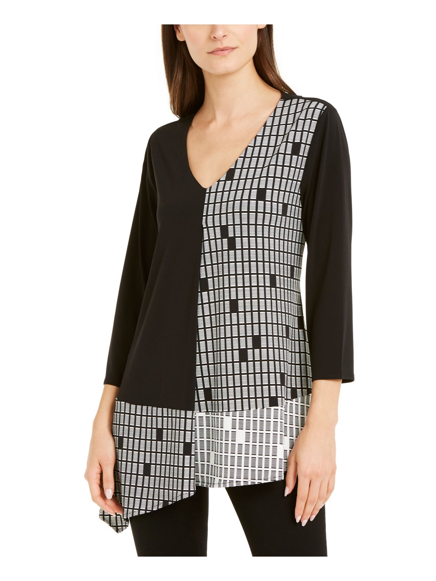 Alfani Women's Mixed Print Asymmetrical Hem Top Black- White Size Petite S