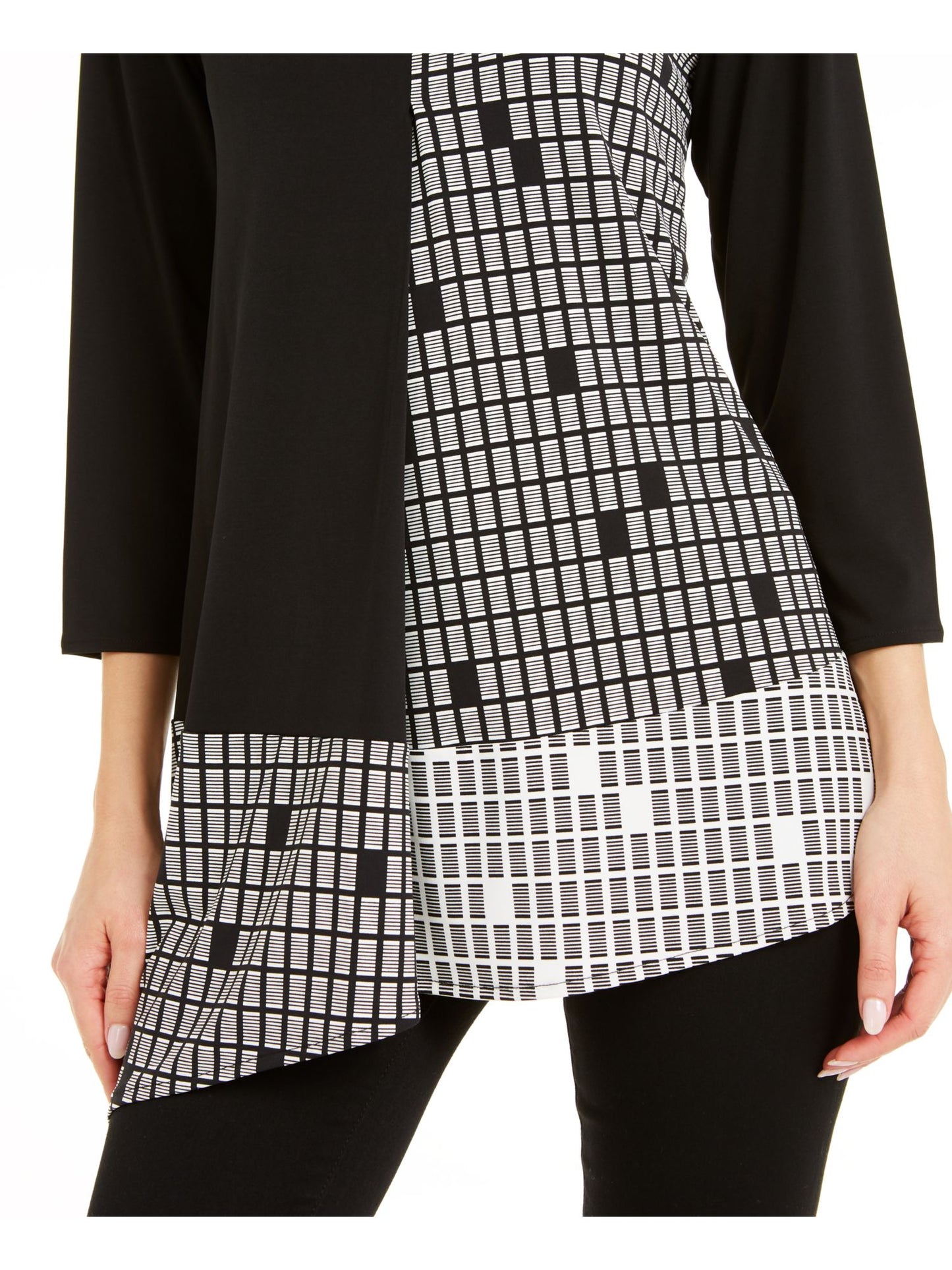 Alfani Women's Mixed Print Asymmetrical Hem Top Black- White Size Petite S