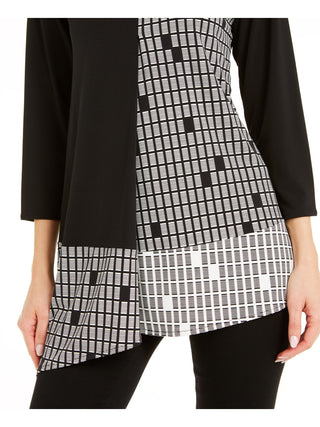 Alfani Women's Mixed Print Asymmetrical Hem Top Black- White Size Petite S