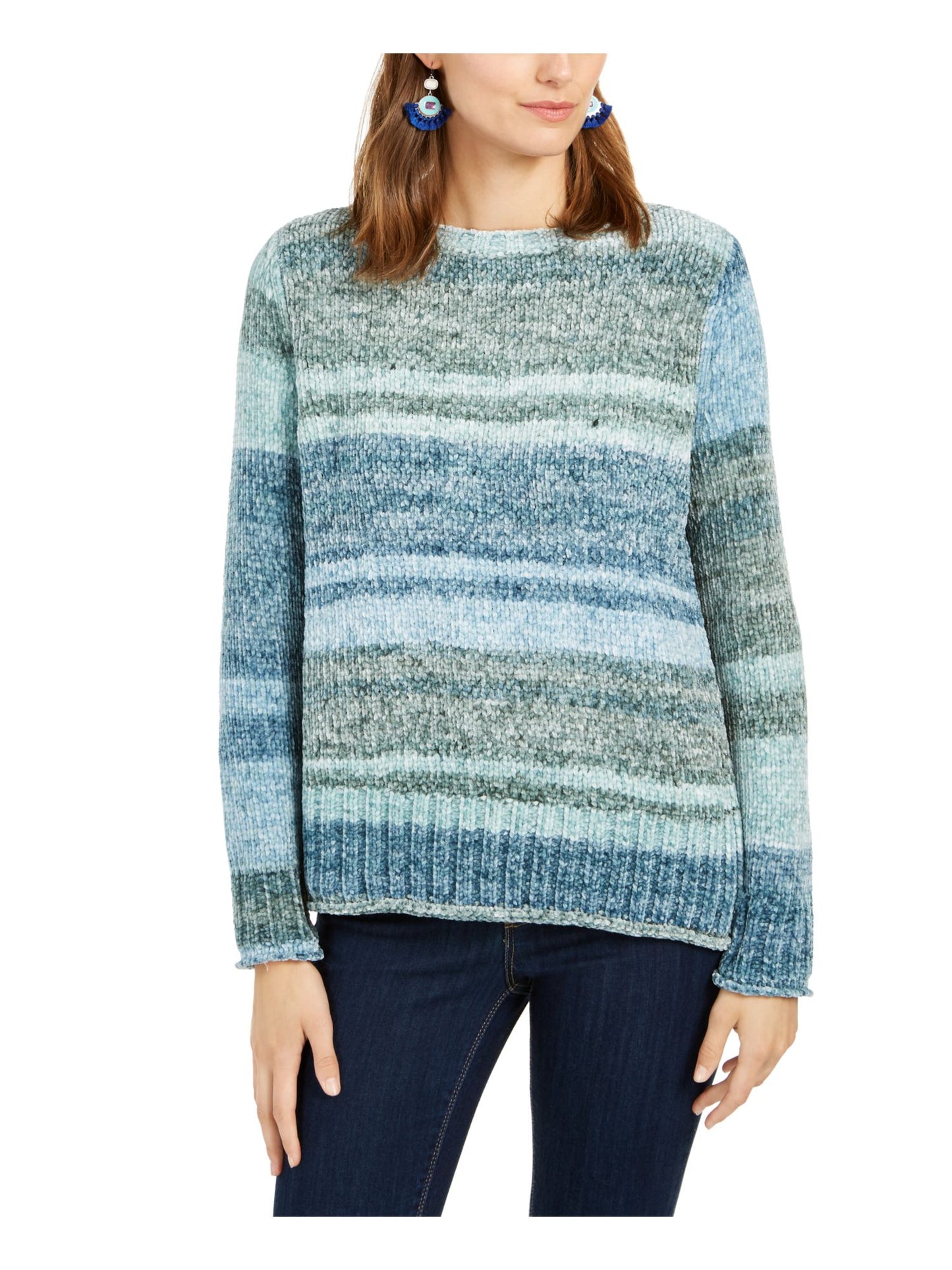 Style & Co Women's Striped Long Sleeve Sweater Green Size Petite Small