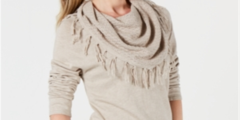 Style & Co Women's Fringed Cowl Neck Sweater Beige Size Petite S