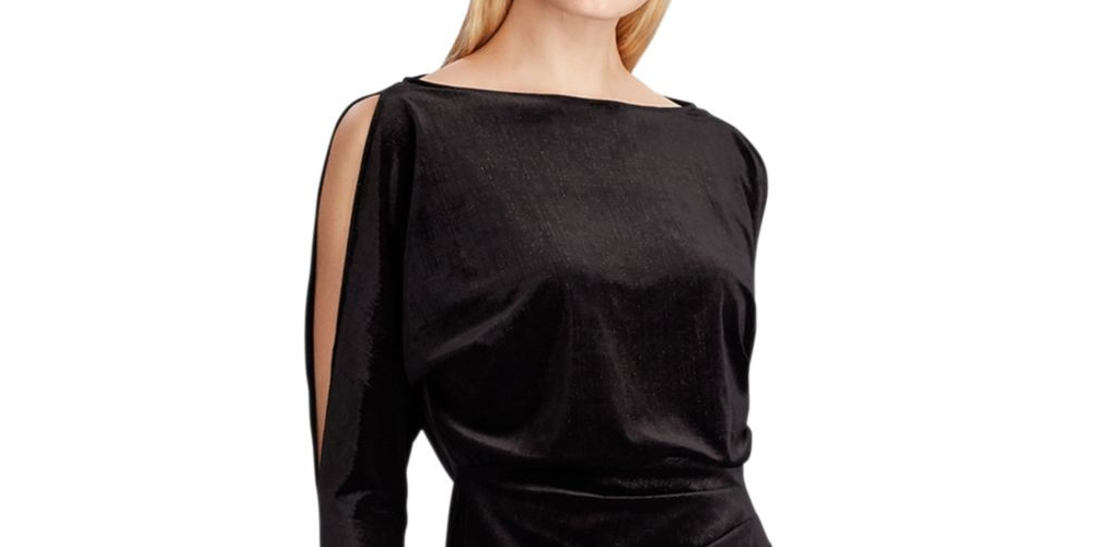 Ralph Lauren Women's Glitter Long Sleeve Jewel Neck Knee Length Sheath Cocktail Dress Black Size 18
