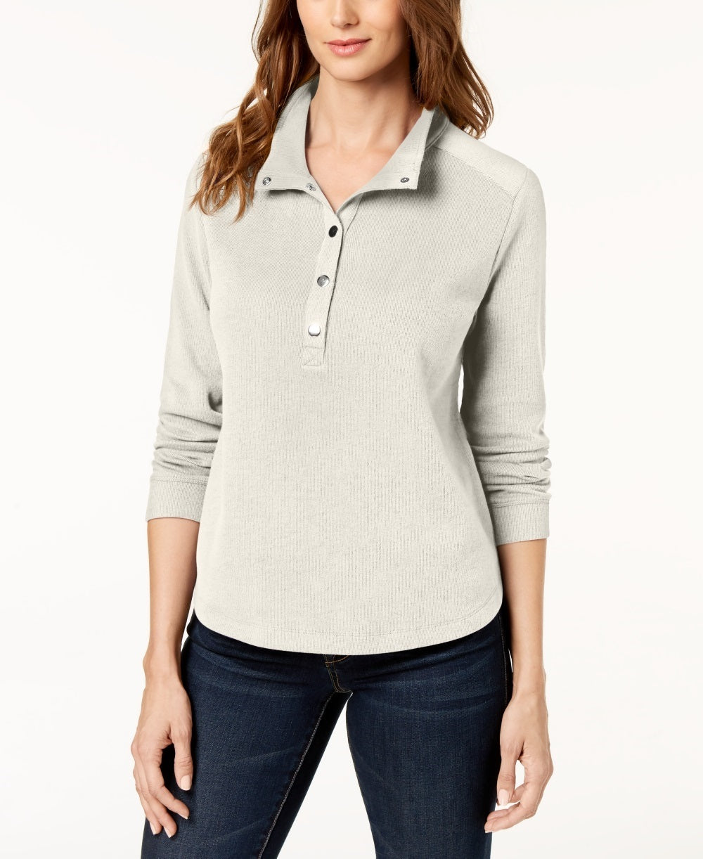 Karen Scott Women's Petite Stand-Collar Snap-Front Top White Size PM