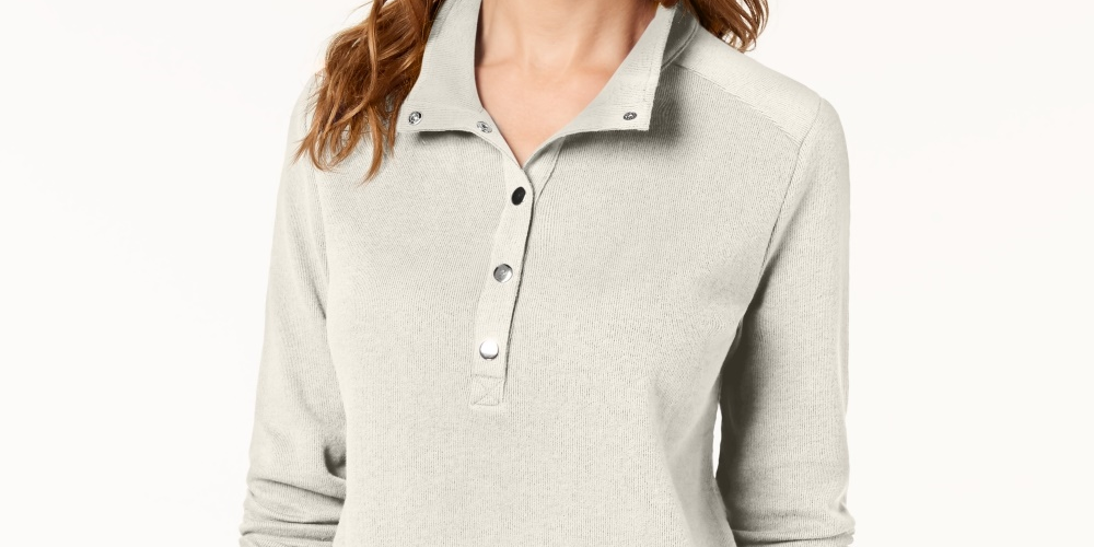 Karen Scott Women's Petite Stand-Collar Snap-Front Top White Size PM