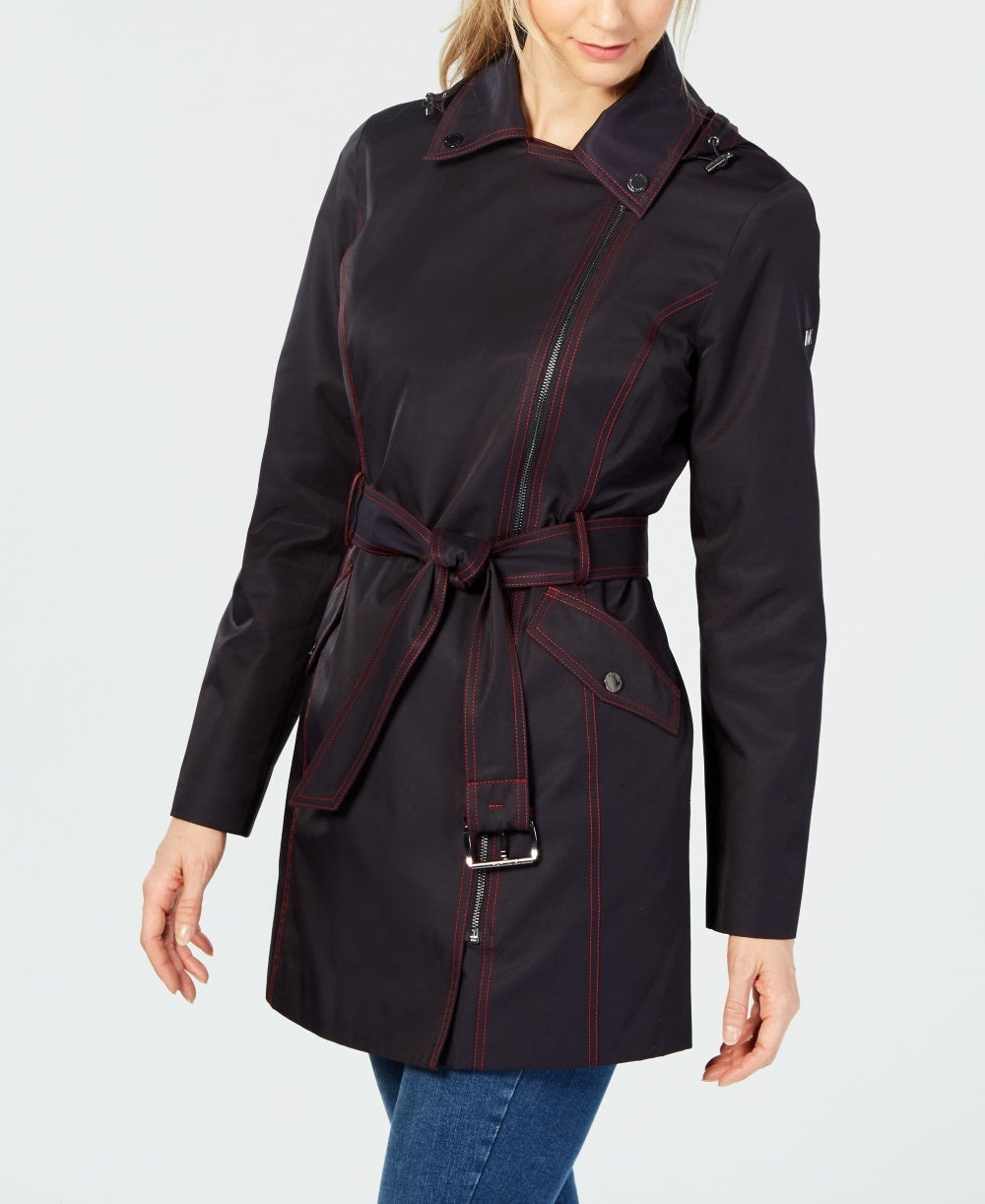 Michael Kors Women's Asymmetrical Belted Raincoat Blue Size X-Large