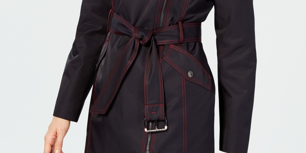 Michael Kors Women's Asymmetrical Belted Raincoat Blue Size X-Large