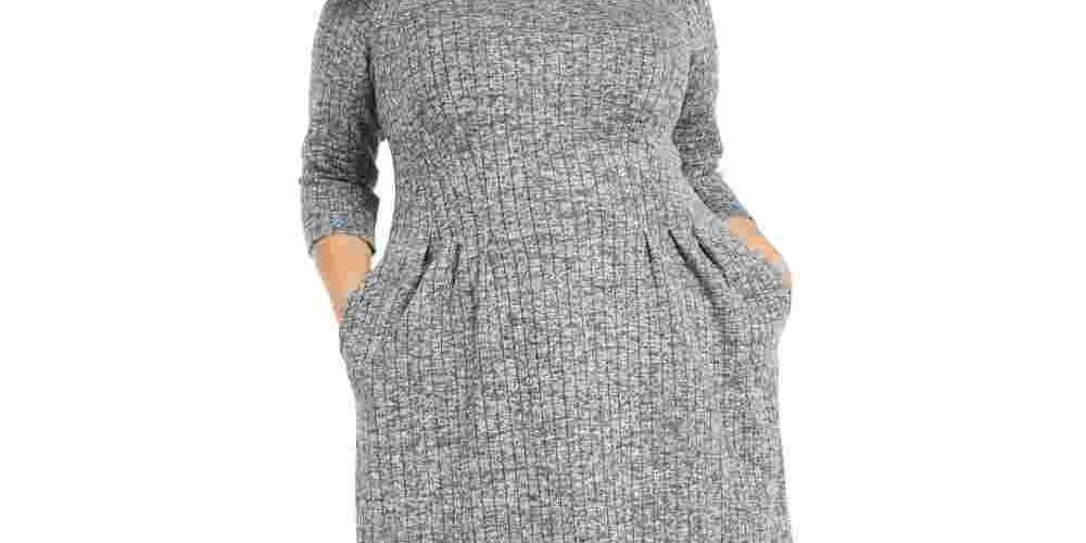 Connected Women's Apparel Pocketed Heather 3/4 Sleeve Jewel Neck Above The Knee Sheath Dress Gray Size 16W