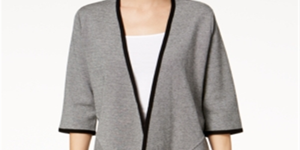 Alfani Women's Drape front 3/4 Sleeve Open Cardigan Top Black-Gray Size Petite Medium