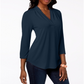 Charter Club Women's Pleat Neck 3/4 Sleeve Top Blue Size Petite Small