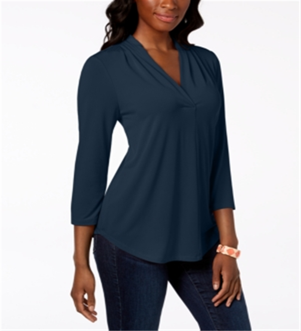 Charter Club Women's Pleat Neck 3/4 Sleeve Top Blue Size Petite Small