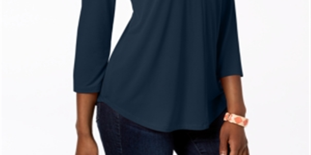 Charter Club Women's Pleat Neck 3/4 Sleeve Top Blue Size Petite Small