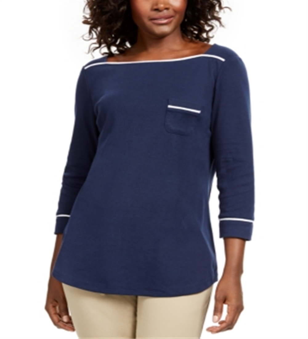 Karen Scott Women's Piping Trim T-Shirt Blue Size Petite XL