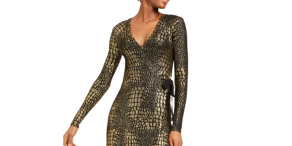 INC International Concepts Women's Patterned Long Sleeve V Neck Above The Knee Body Con Evening Dress Yellow Size Large