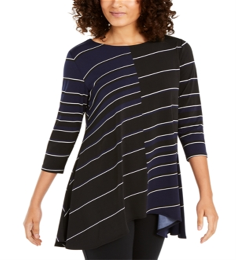 Alfani Women's Printed High Low Tunic Navy/White strip  Size -Petite S/M