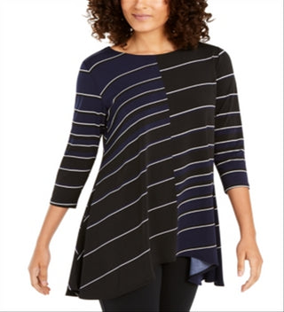 Alfani Women's Printed High Low Tunic Navy/White strip  Size -Petite S/M