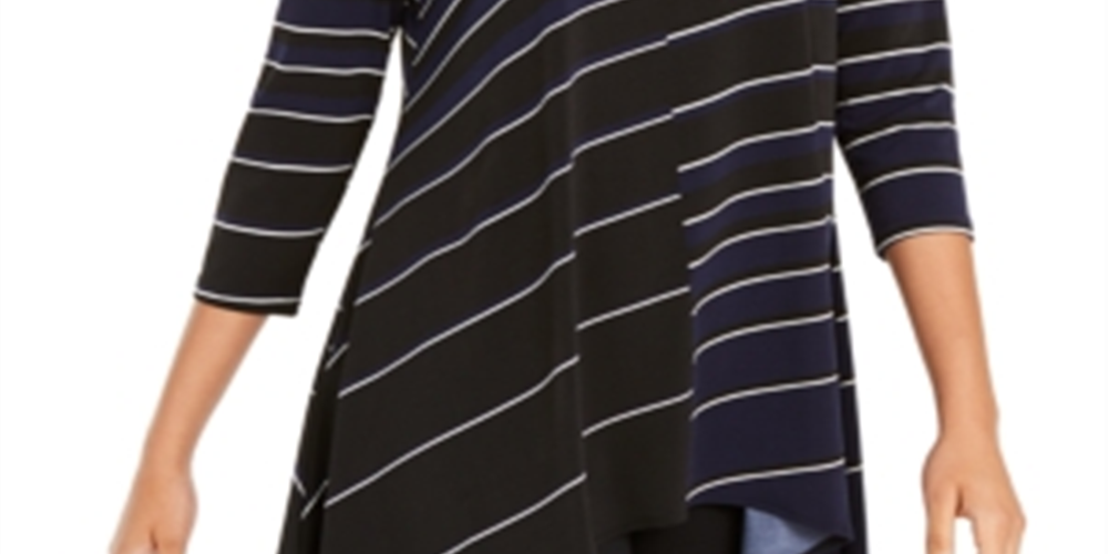 Alfani Women's Printed High Low Tunic Navy/White strip  Size -Petite S/M