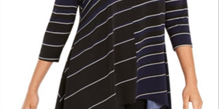 Alfani Women's Printed High Low Tunic Navy/White strip  Size -Petite S/M