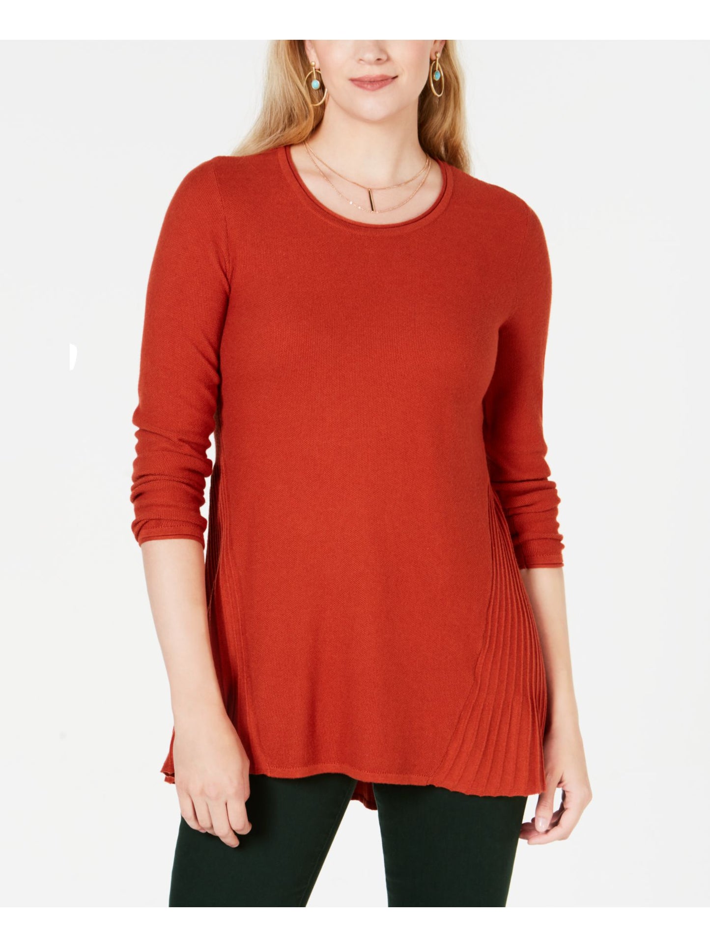 Style & Co Women's Stretch Ribbed Pull Over Crew Neck Tunic Sweater Orange Size Petite Medium