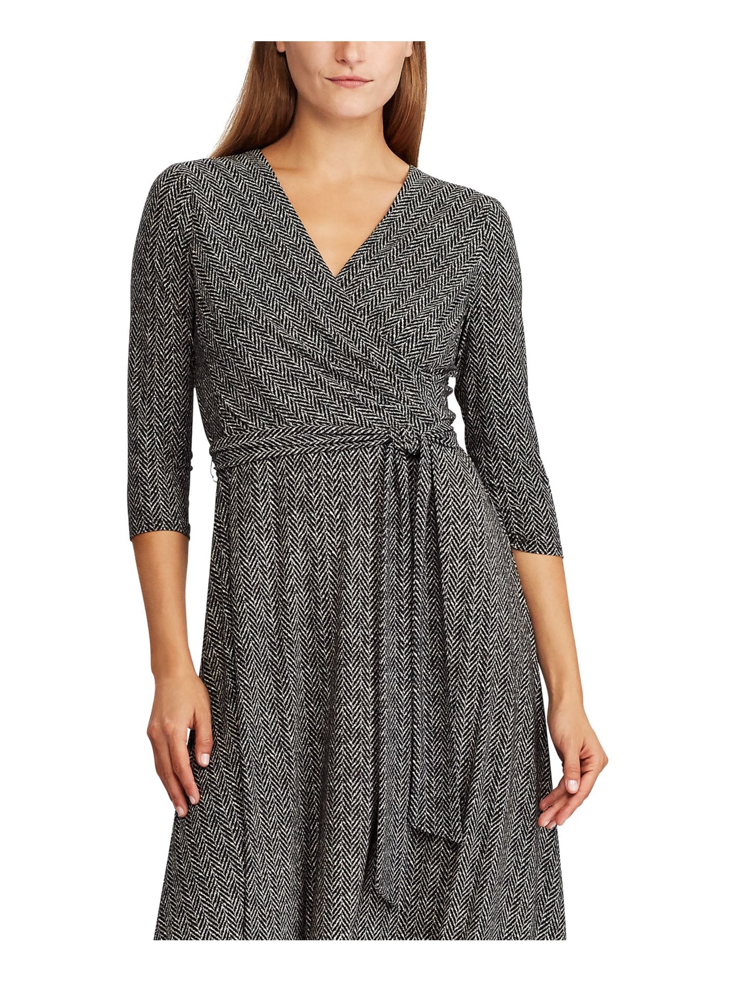 Ralph Lauren Women's 3/4 Sleeve MIDI Faux Wrap Dress Black Size 18