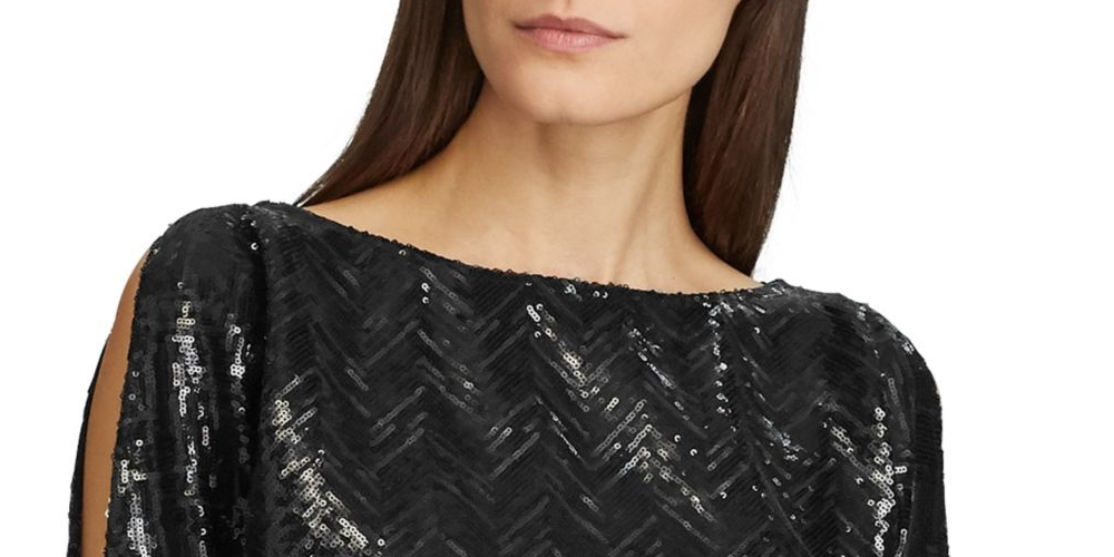 Ralph Lauren Women's Black Sequined Long Sleeve Jewel Neck Maxi Sheath Evening Dress Black Size 4