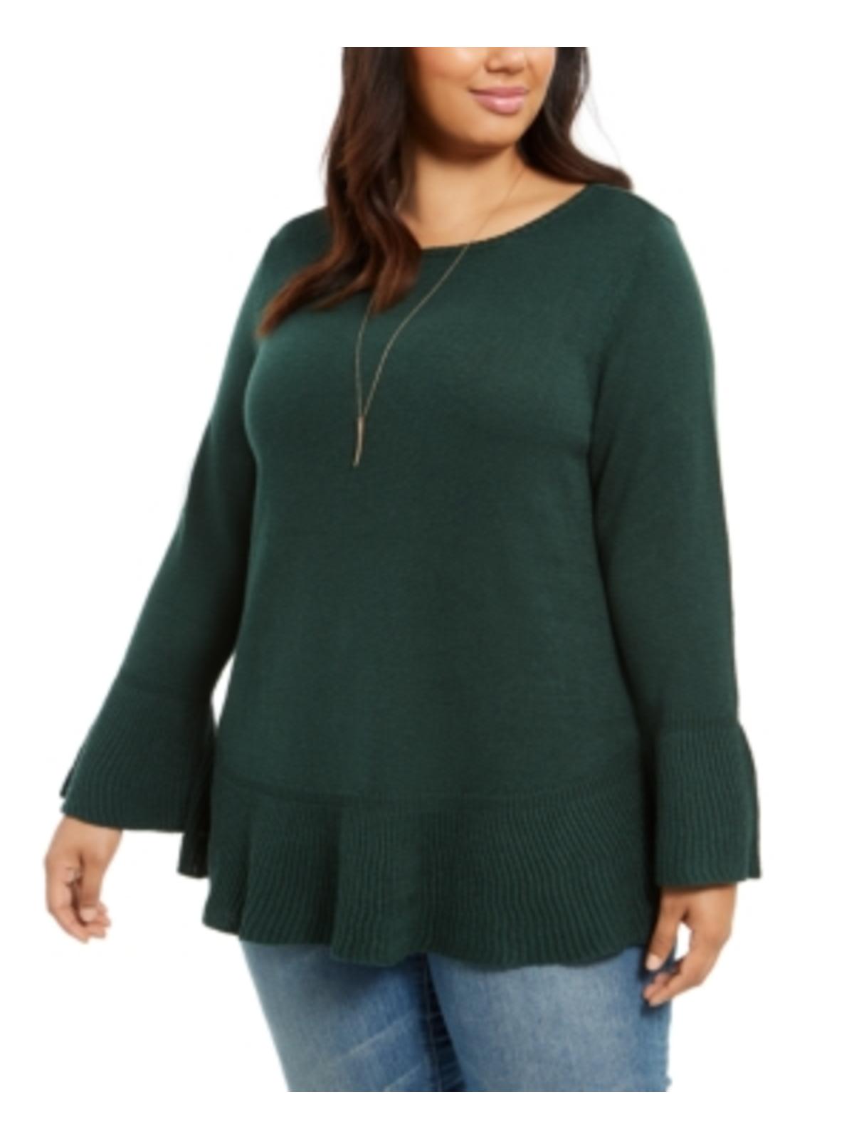 Style & Co Women's Plus Ruffled Trim Scoop Neck Sweater Green Size 0X