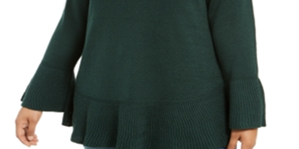 Style & Co Women's Plus Ruffled Trim Scoop Neck Sweater Green Size 0X